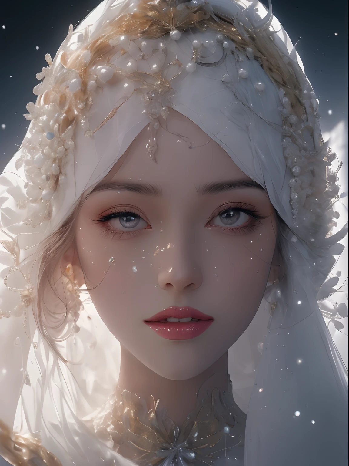 a close up of a woman wearing a white pearl veil and a gold head piece, stunning digital illustration, 4k highly detailed digital art, beautiful digital artwork, arabian beauty, beautiful digital illustration, 8k stunning artwork, 8k high quality detailed art, intricate wlop, detailed beauty portrait, arabian princess, detailed beautiful portrait, beautiful art uhd 4 k