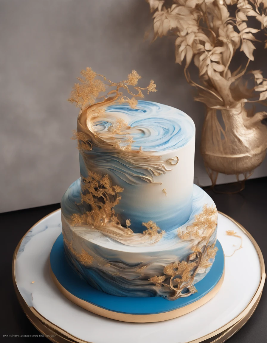 A cake made of chocolate and cream, High-quality engraving of marine colors, Blue Jupiter gas swirls like sand, swirling sand and foam, Blue bubble swirl, marbled swirls, The texture is like sand, The cake rolls are decorated with autumn leaves and squirrels,It has a soft yellowish hue, Reminiscent of a Chinese landscape painting. Delicately served on a nice plate, ,Looks lifelike. The traditional Chinese style of painting shows precise details,
Dust and foam in the background,k hd, Surreal visuals,8K ,quality. The fluffy and light cake texture is complemented by a unique and intricate pattern, designs, The soft watercolor effect evokes natural beauty.