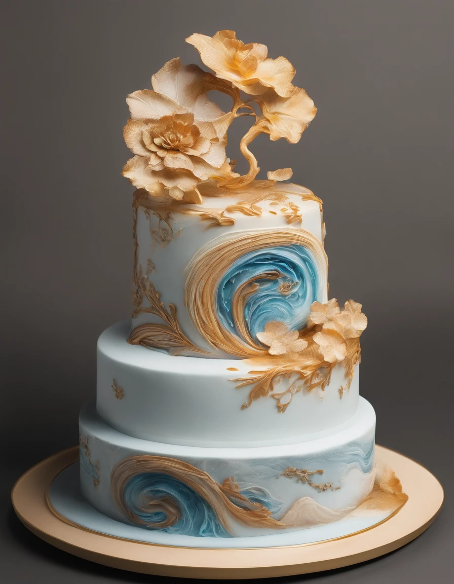 A cake made of chocolate and cream, High-quality engraving of marine colors, Blue Jupiter gas swirls like sand, swirling sand and foam, Blue bubble swirl, marbled swirls, The texture is like sand, The cake rolls are decorated with autumn leaves and squirrels，It has a soft yellowish hue, Reminiscent of a Chinese landscape painting. Delicately served on a nice plate, ，Looks lifelike. The traditional Chinese style of painting shows precise details，
Dust and foam in the background，k hd, Surreal visuals，8K ，quality. The fluffy and light cake texture is complemented by a unique and intricate pattern, designs, The soft watercolor effect evokes natural beauty.