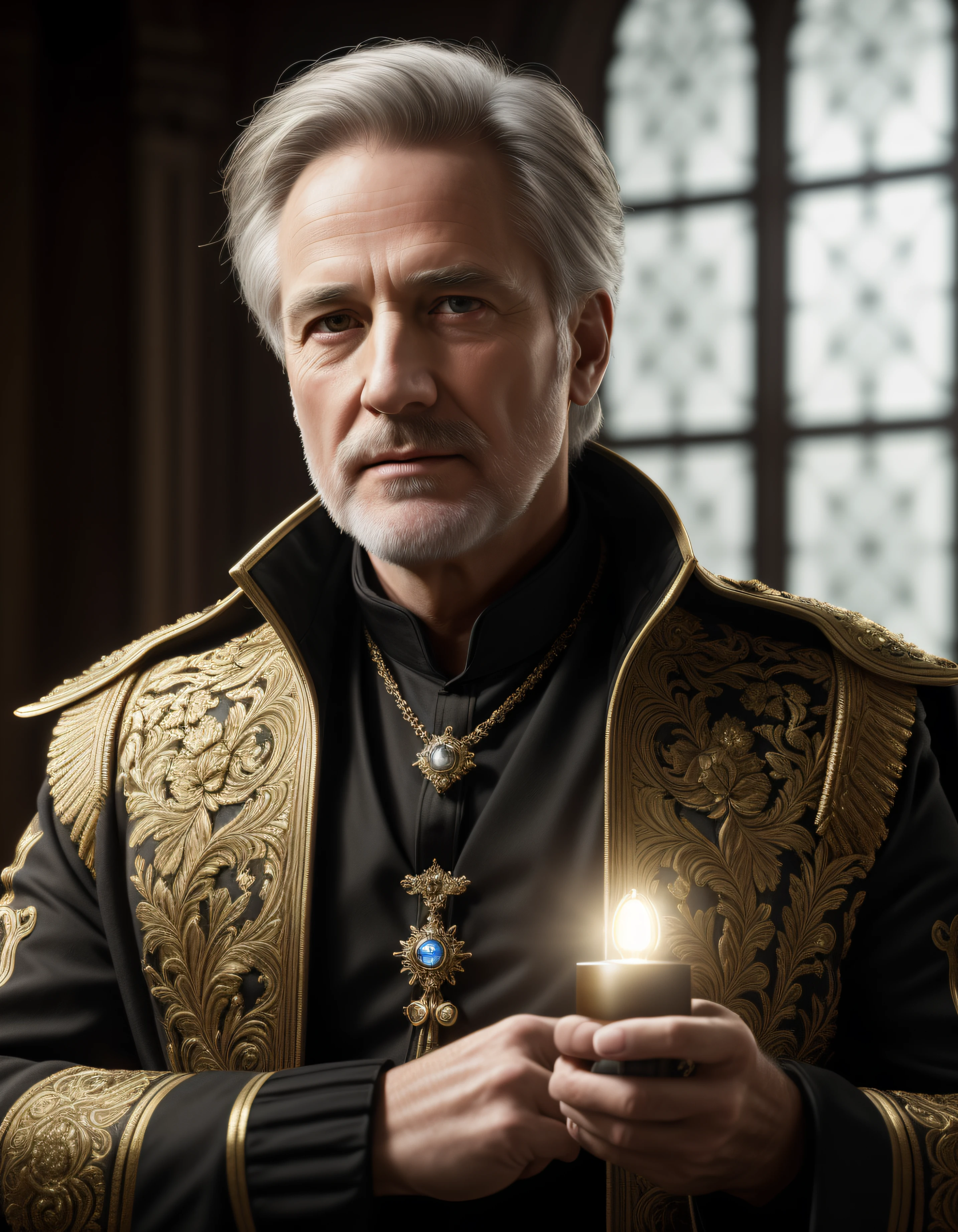 (best quality, 8k, 32K UHD, highres, masterpiece:1.2),65-year-old actor plays Hamlet, clean-shaven, looking at camera, ultra-detailed, hyper-realistic, a soft lighting, god rays, photo realistic, dynamic lighting, artstation, poster, cinematic lighting, very detailed faces, 4k, insane details, perfecteyes, insane details, insane details, realhands, backlighting, fodress,fantasy00d, High detailed , HDR