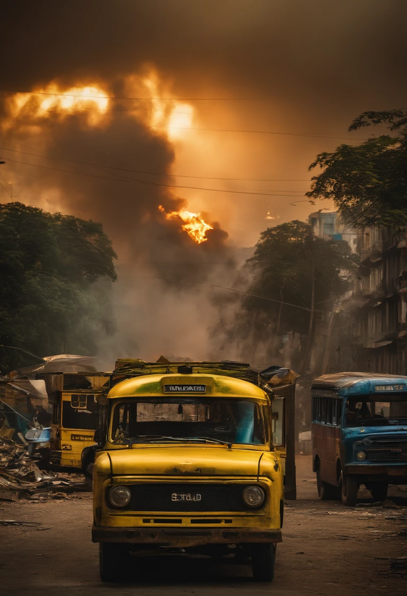 Homens e mulheres usando camisetas amarelas e verdes com armas. In a city destroyed and on fire with old and abandoned buses and cars