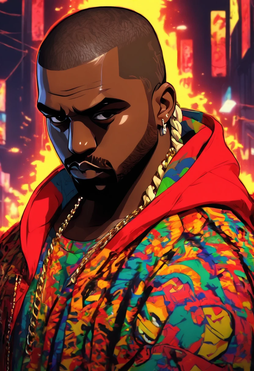kanye west , pelos ruivos, cabelo vermelho, cavanhaque vermelho, jaqueta vermelha, folded arms , estilo hip hop, estilo gta 5,chain in the neck , senario cidade de los santos.