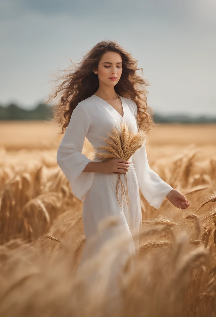master part, best quality, Ultra Highres, Detailed illustration, retrato, circunstanciado, 1Girl standing in wheat field, sozinho, cabelos longos, vestir, flor, Hanfu branco, sorrir, corpo inteiro, flor branca, bareshoulders, cabelos muito longos, aqua cabelo, boca fechada, Visualizador voltado, franja,