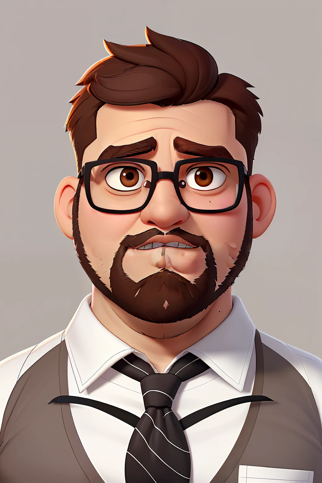 a 38 year old man, chubby, with short brown hair and beard, diamond shape, stern look and brown eyes, Wearing white shirt with tie and glasses with black child, 4 years old with brown hair, big black eyes and chubby cheeks, Spider-Man shirt