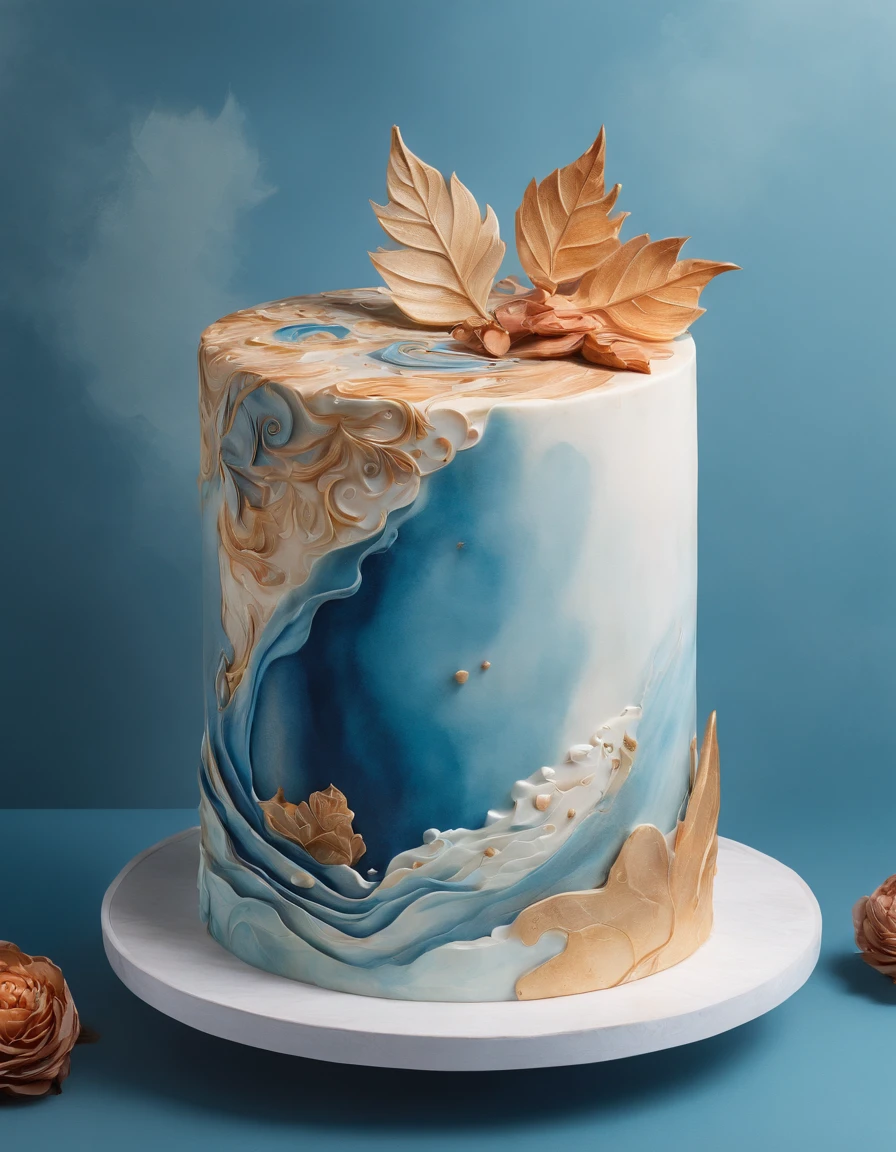 A cake made of chocolate and cream, High-quality engraving of marine colors, Blue Jupiter gas swirls like sand, swirling sand and foam, Blue bubble swirl, marbled swirls, The texture is like sand, The cake rolls are decorated with autumn leaves and squirrels,It has a soft yellowish hue, Reminiscent of a Chinese landscape painting. Delicately served on a nice plate, ,Looks lifelike. The traditional Chinese style of painting shows precise details,
Dust and foam in the background,k hd, Surreal visuals,8K ,quality. The fluffy and light cake texture is complemented by a unique and intricate pattern, designs, The soft watercolor effect evokes natural beauty.