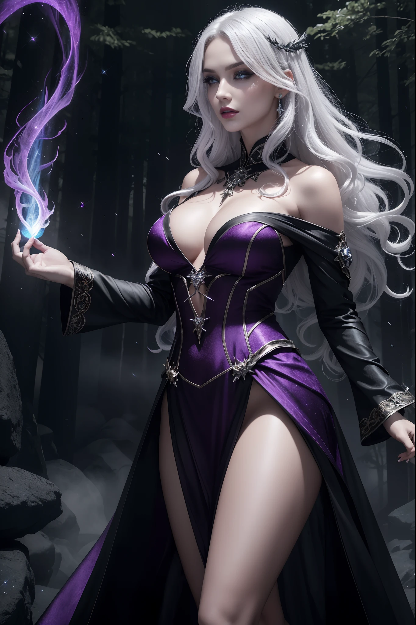 (best quality,4k,8k,highres,masterpiece:1.2),ultra-detailed,(realistic,photorealistic,photo-realistic:1.37),a sexy sorceress using magical powers,curly hair,fierce eyes,piercing gaze,waving a magic wand with glowing particles,flowing robes made of silk and velvet,enchanted forest in the background,mysterious mist floating around against moonlight,Gothic architecture with intricate details,sparkling gems embedded in the wand,spellbinding aura around her,body glowing with ethereal light,vivid color palette with deep purples and blues,mysterious fog engulfing the surroundings,casting a powerful spell to summon mystical creatures,charcoal black smoky eyeshadow,dramatic winged eyeliner,luscious red lips,manicured nails with intricate symbols and runes,positioned on a stone pedestal with magical sigils,expressive and alluring body language,summoning bolts of lightning with a snap of her fingers,creating sparks and stars in the air,unleashing waves of energy with sheer intensity and confidence,conjuring creatures from the shadows,dark aura radiating from her presence,illuminating the night with her magic,mesmerizing and enchanting the viewers, cleavage, sexy, gorgeous, long curly white hair