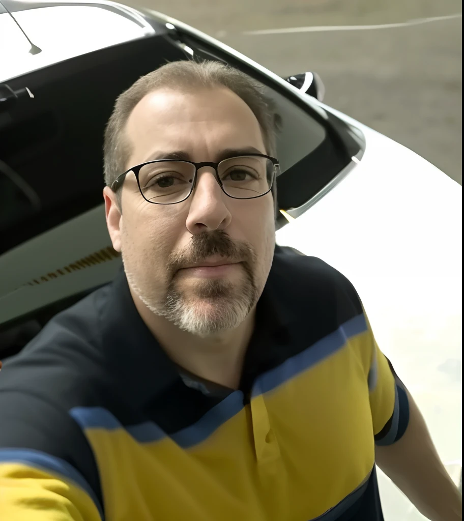 Homem de camisa amarela e azul ao lado de um carro branco, foto do perfil, Fotografia selfie 8k, foto de perfil, foto selfie
