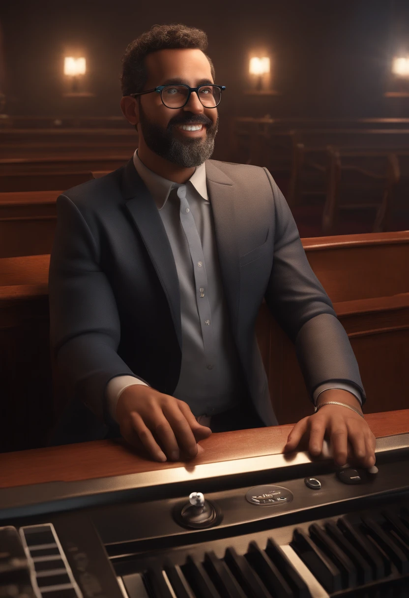 Pixar-inspired 3D poster capturing a scene with a 39-year-old Brazilian man, brown, short hair, curly gradient, oval face and beard, medium eyebrows, wears gray square glasses, usa brincos de cristal camiseta preta com blazer, He's happy playing keyboards in a church with black interior, Colorful lighting and smoke. Com muitas pessoas felizes.