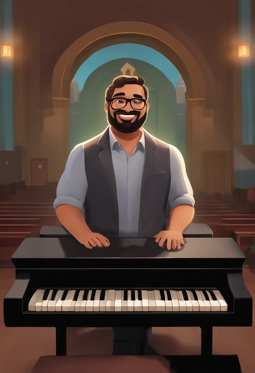 Pixar-inspired 3D poster capturing a scene with a 39-year-old Brazilian man, brown, short hair, curly gradient, oval face and beard, medium eyebrows, wears gray square glasses, usa brincos de cristal camiseta preta com blazer, He's happy playing keyboards in a church with black interior, Colorful lighting and smoke. Com muitas pessoas felizes.