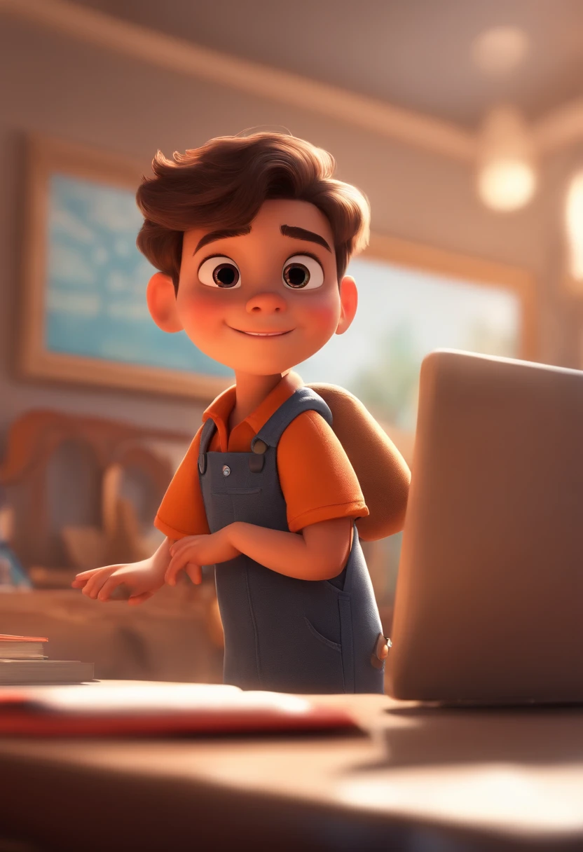 a happy cute ??? standing short hair, vestindo uma fantasia espacial, usando notebook, fundo branco, barnet, Frderico, Estilo Pixar, ....3d, desenhos animados, rosto detalhado, asymmetrical 16k
