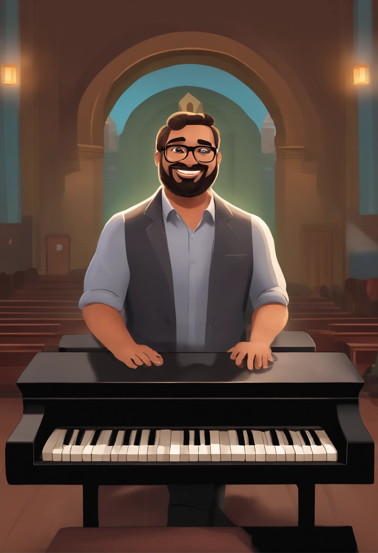Pixar-inspired 3D poster capturing a scene with a 39-year-old Brazilian man, brown, short hair, curly gradient, oval face and beard, medium eyebrows, wears gray square glasses, usa brincos de cristal camiseta preta com blazer, He's happy playing keyboards in a church with black interior, Colorful lighting and smoke. Com muitas pessoas felizes.