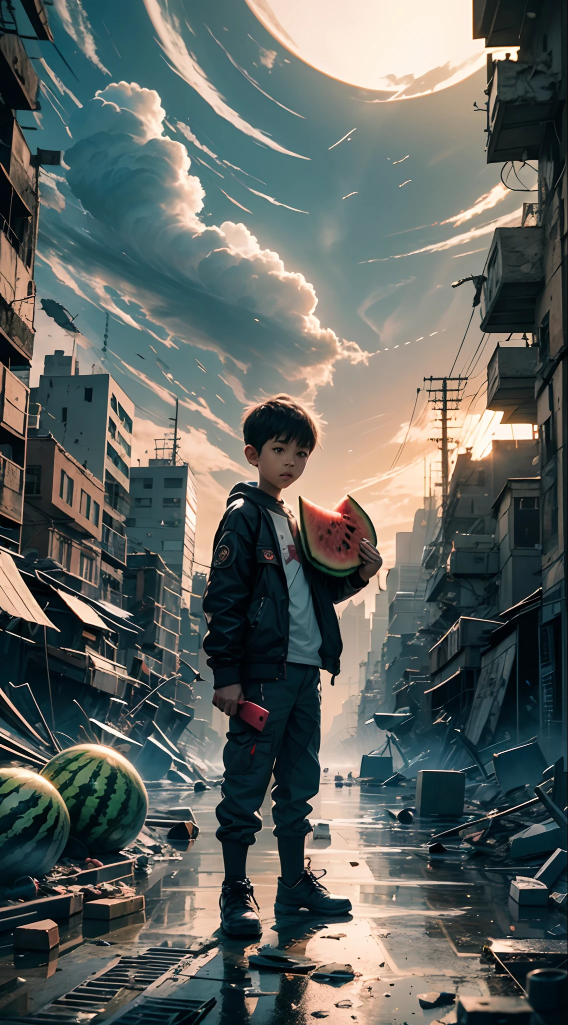 "a boy with a watermelon in his hand, standing in the middle of destroyer city, looking at the viewer, watermelon eat --auto --s2