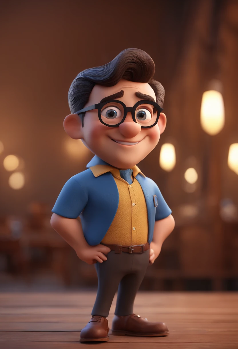 Cartoon character of a man with black glasses and a blue shirt, animation character, Caractere estilizado, animation style rendering, 3D estilizado, Arnold Maya render, 3 d render stylized, toon render keyshot, Personagem 3D, Personagem 3D, 3d rendering stylized, 3 d character render, personagem de desenho animado, Personagem de close up, Pose de personagem,  (Estilo Pixar) (master part:1.2) (Bokeh) (best quality) (pele detalhada) (textura detalhada) (8k) (argila) (Cinematic lighting) (foco nítido