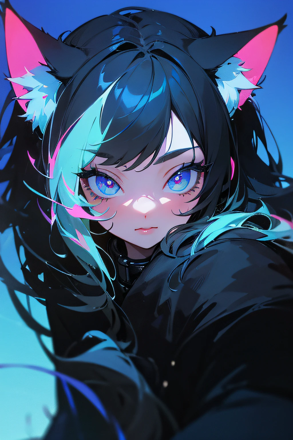 (hight resolution,Masterpiece:1.2),Vivid colors,beautiful detail eyes,beautiful detailed lips,long eyelashes,black coat,fluffy fur,cute expression,Feline Grace,Let's move on to the camera,on a blue background, Neon, night time, ciberpunk