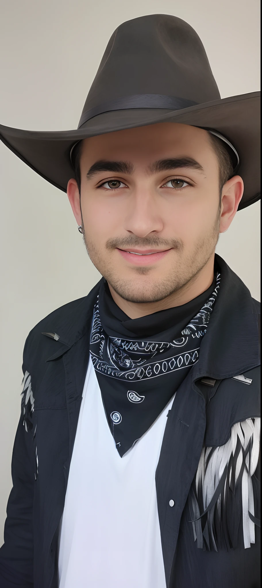 Arafed man wearing a cowboy hat and a black shirt, usando uma bandana e corrente, vestido como um xerife ocidental, bandana, Tema Cowboy, retrato do cowboy, foto de perfil headshot, halfbody headshot, neckbeard, cowboy retrato masculino, Cowboy barbudo, wearing a cowboy hat, inspirado em Kyle Lambert, wearing cowboy hat, Tyler Oeste, foto de retrato detalhada