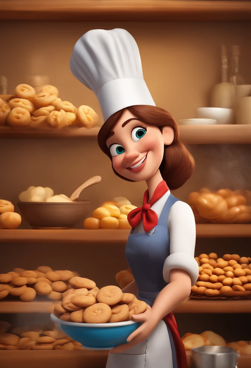 Create a Disney Pixar Poster.  Uma mulher chef de cozinha, com cabelos cor castanho claro na altura do ombro, com sorriso feliz, olhos castanhos pequenos. Ela usa brincos pequenos. Ela esta fazendo biscoitos em uma confeitaria. Ela usa um vestido preto com um avental branco. Na parede tem flores rosas.