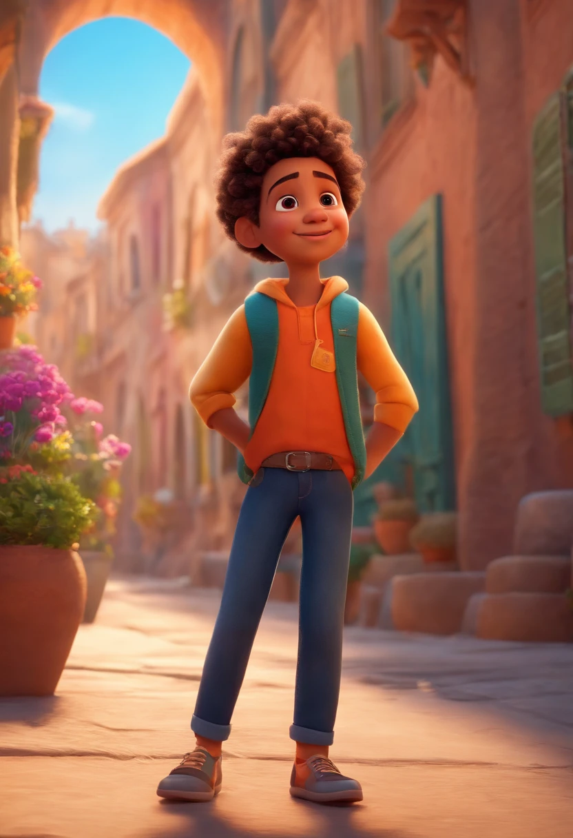Image of a boy for a story in a YouTube video in Pixar format, He's the little allabester, He's the class leader, He's outgoing, Playful and gets up for a lot of things, cabelo curto