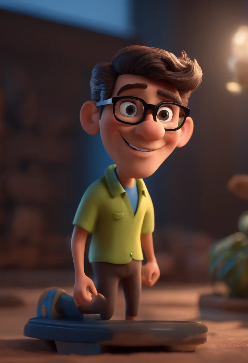 Cartoon character of a man with black glasses and a blue shirt, animation character, Caractere estilizado, animation style rendering, 3D estilizado, Arnold Maya render, 3 d render stylized, toon render keyshot, Personagem 3D, Personagem 3D, 3d rendering stylized, 3 d character render, personagem de desenho animado, Personagem de close up, Pose de personagem, (Estilo Pixar) (master part:1.2) (Bokeh) (best quality) (pele detalhada) (textura detalhada) (8k) (argila) (Cinematic lighting) (foco nítido