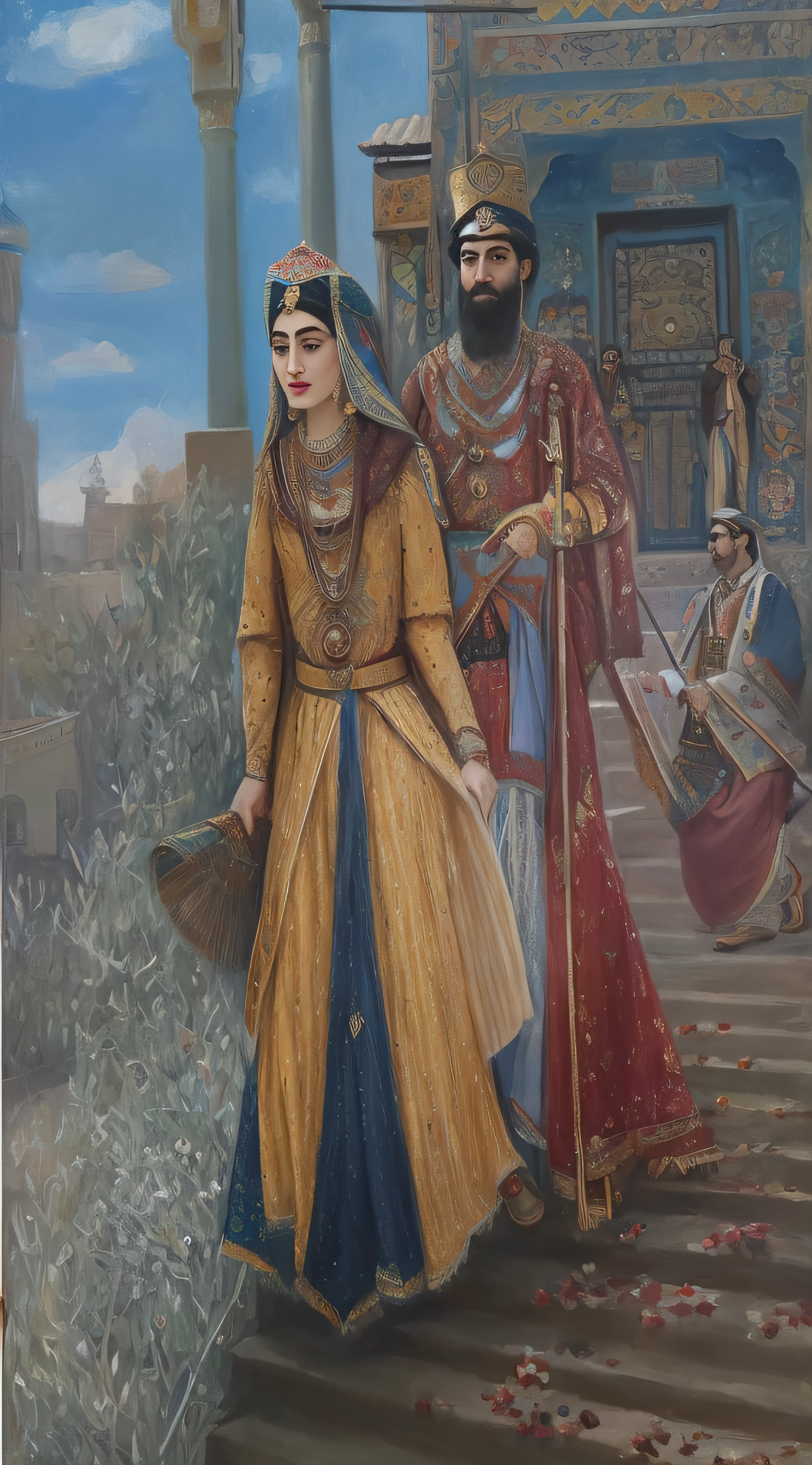 painting of a man and woman in traditional clothing standing on a staircase, persian queen, qajar art, ayanamikodon and irakli nadar, by Abdullah Gërguri, persian folktale artstyle, by Itshak Holtz, by Taravat Jalali Farahani