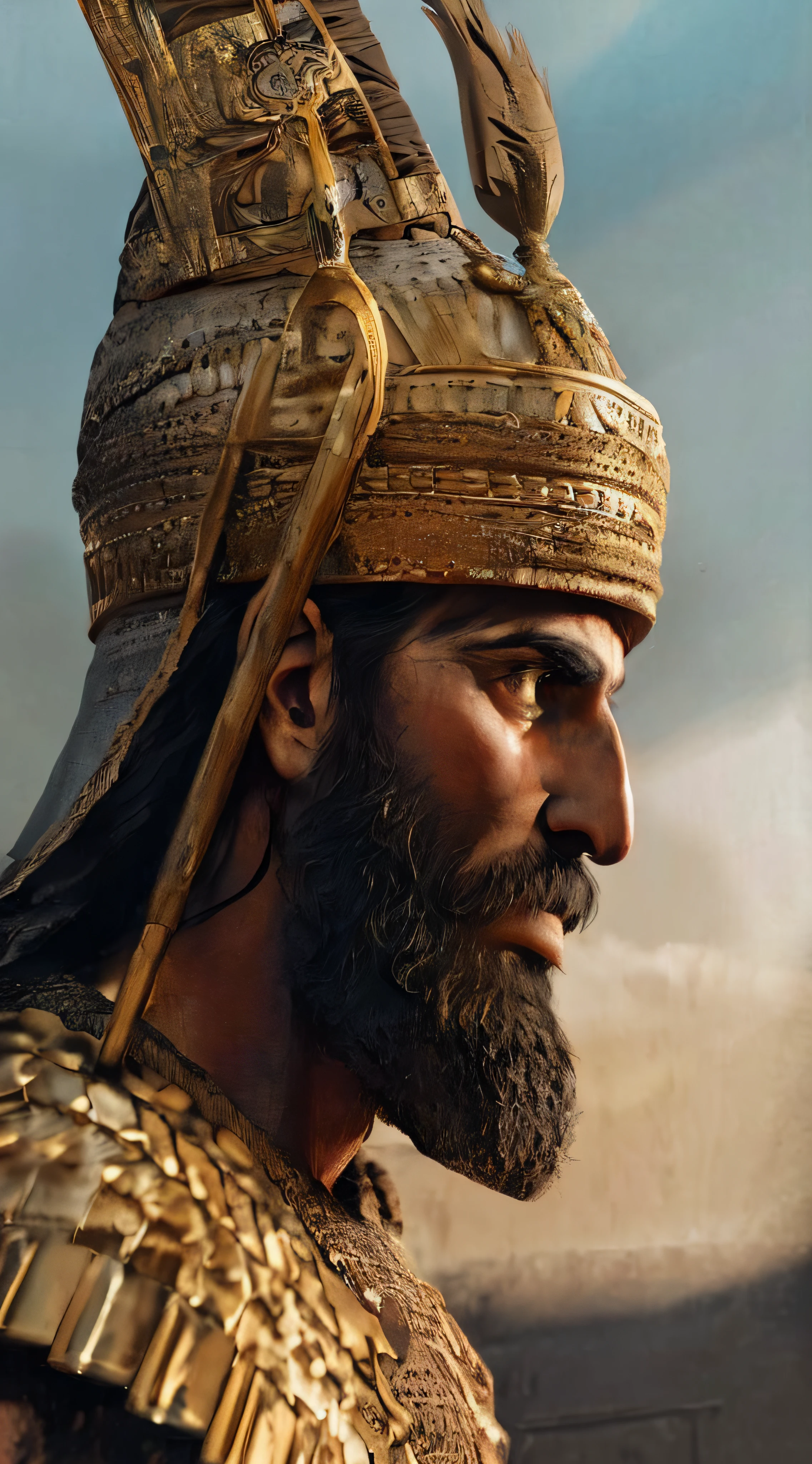 a close up of a statue of a man with a beard and a golden helmet, persian warrior, detailed portrait shot, great king of stovokor, portrait of emperor of mankind, highly detailed sculpture, great level of detail, medieval old king, 8 k high detail and intricate, assyrian, ancient soldier, high detail iconic character, ultra detailed portrait