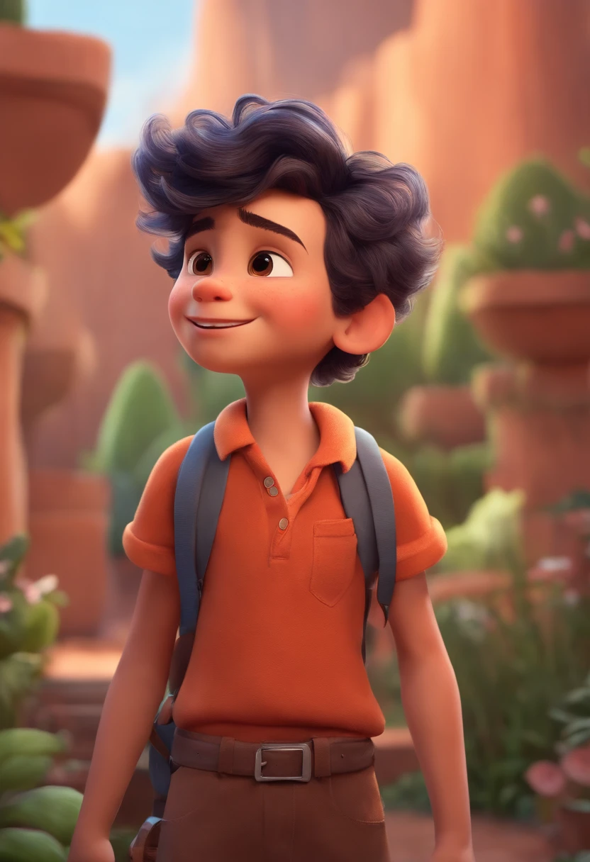 Image of a boy for a story in a YouTube video in Pixar format, He's the allabester, He's the class leader, He's outgoing, Playful and gets up for a lot of things, cabelo curto
