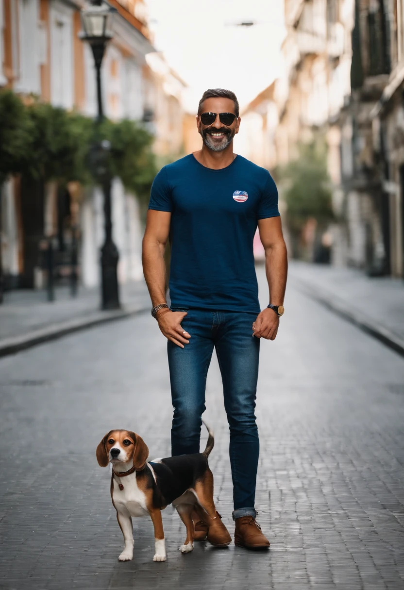 Pixar. Casal com um filhote de cachorro beagle marrom. A  tem os cabelos loiros amarrados, Camiseta cinza e jeans claro, white glasses. O meninobelos pretos com cabelos grisalhos, barba pequena, oculos, Dark blue jeans and gray t-shirt. They are both smiling and are 40 years old