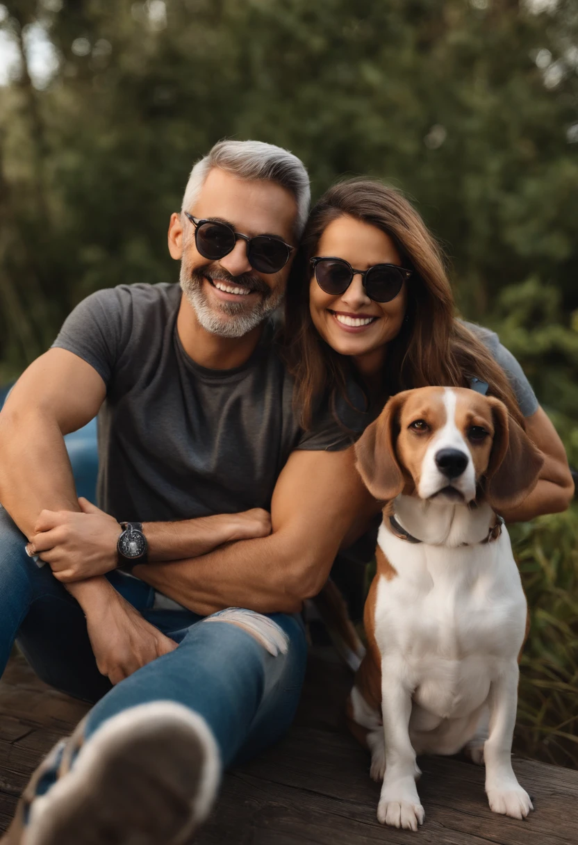 Pixar. Casal com um filhote de cachorro beagle marrom. A menina tem os cabelos loiros amarrados, Camiseta cinza e jeans claro, white glasses. O menino de cabelos pretos com cabelos grisalhos, barba pequena, oculos, Dark blue jeans and gray t-shirt. They are both smiling and are 40 years old