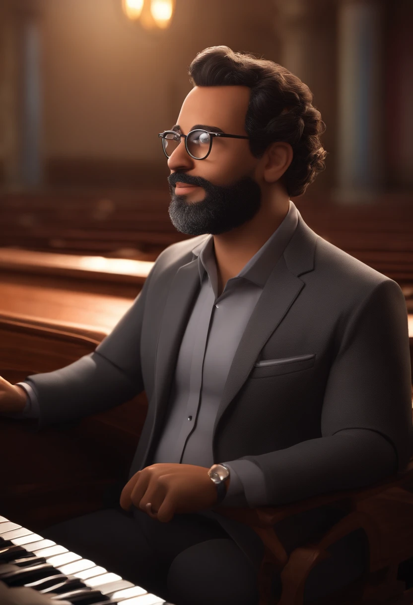 Pixar-inspired 3D poster capturing a scene with a 39-year-old Brazilian man, brown, short hair, curly gradient, oval face and beard, medium eyebrows, wears gray square glasses, usa brincos de cristal camiseta preta com blazer, He's happy playing keyboards in a church with black interior, Colorful lighting and smoke. Com muitas pessoas felizes.
