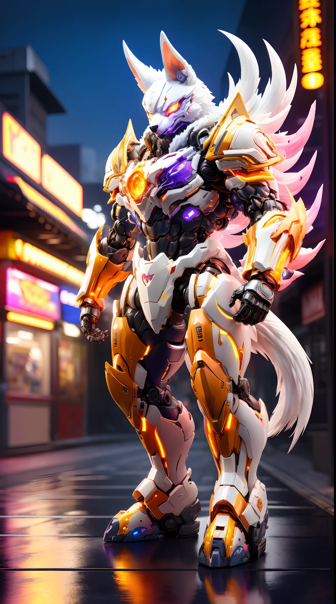 KITSUNE, RAINBOW COLORED, HETEROCHROMIA EYE, MECHA HEAVY ARMOR, TRANSPARANT, MUSCLE BODY.