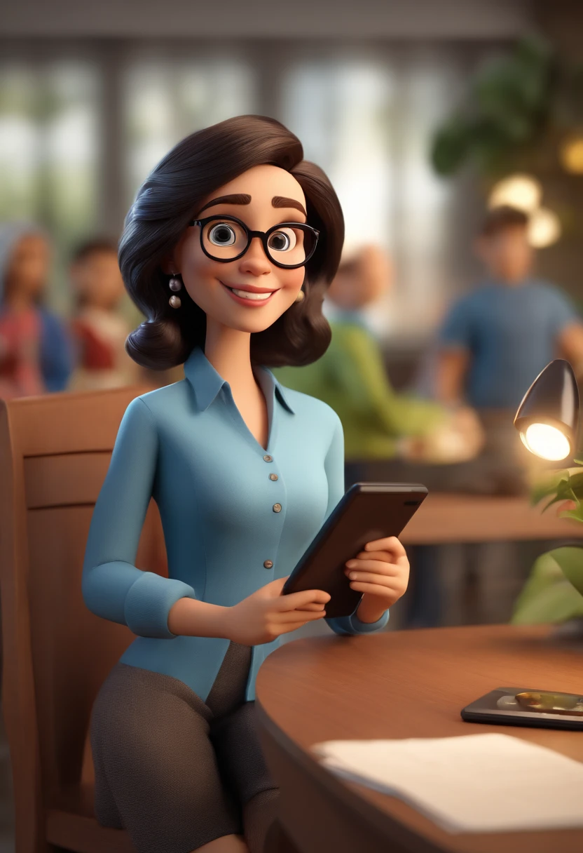 Cartoon character of a woman with black glasses and a blue blouse, professora, with tablet in hand , Children AroundAnimation Character, Caractere estilizado, animation style rendering, 3D estilizado, Arnold Maya render, 3 d render stylized, toon render keyshot, Personagem 3D, Personagem 3D, 3d rendering stylized, 3 d character render, personagem de desenho animado, Personagem de close up, Pose de personagem, (Estilo Pixar) (master part:1.2) (Bokeh) (best quality) (pele detalhada) (textura detalhada) (8k) (argila) (Cinematic lighting) (foco nítido