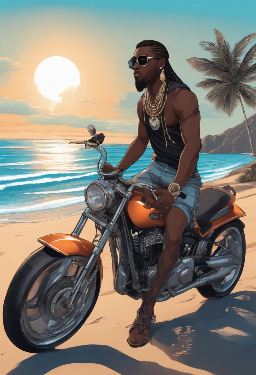Asian manga style drawing of a black man with sunglasses, um brinco, and long braids. Vestido no estilo rock and roll e pilotando uma motocicleta esportiva azul futurista. In the background, uma bela paisagem de praia.