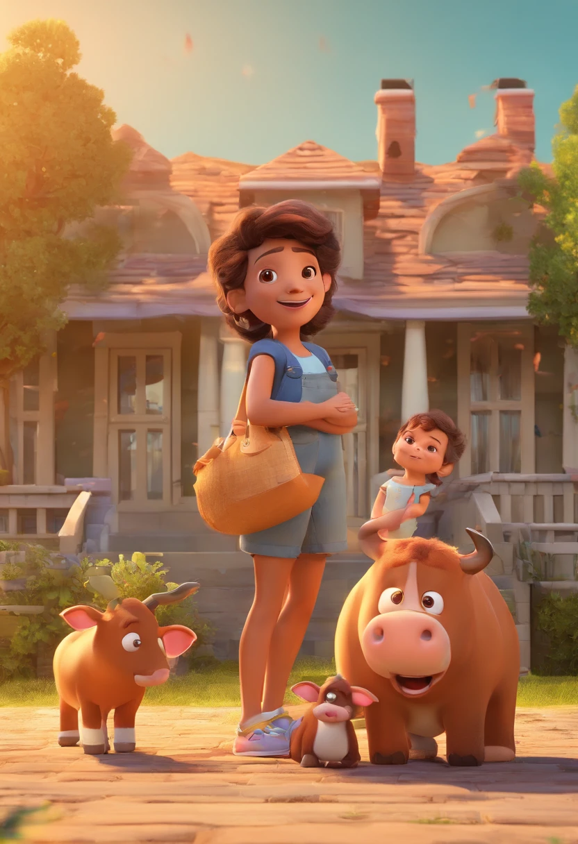 Estilo Pixar: Familia, Um pai, A mother and two girls. Uma menino de 6 anos e outro de 2 anos . Uma fazenda com vacas lindas e marrom .