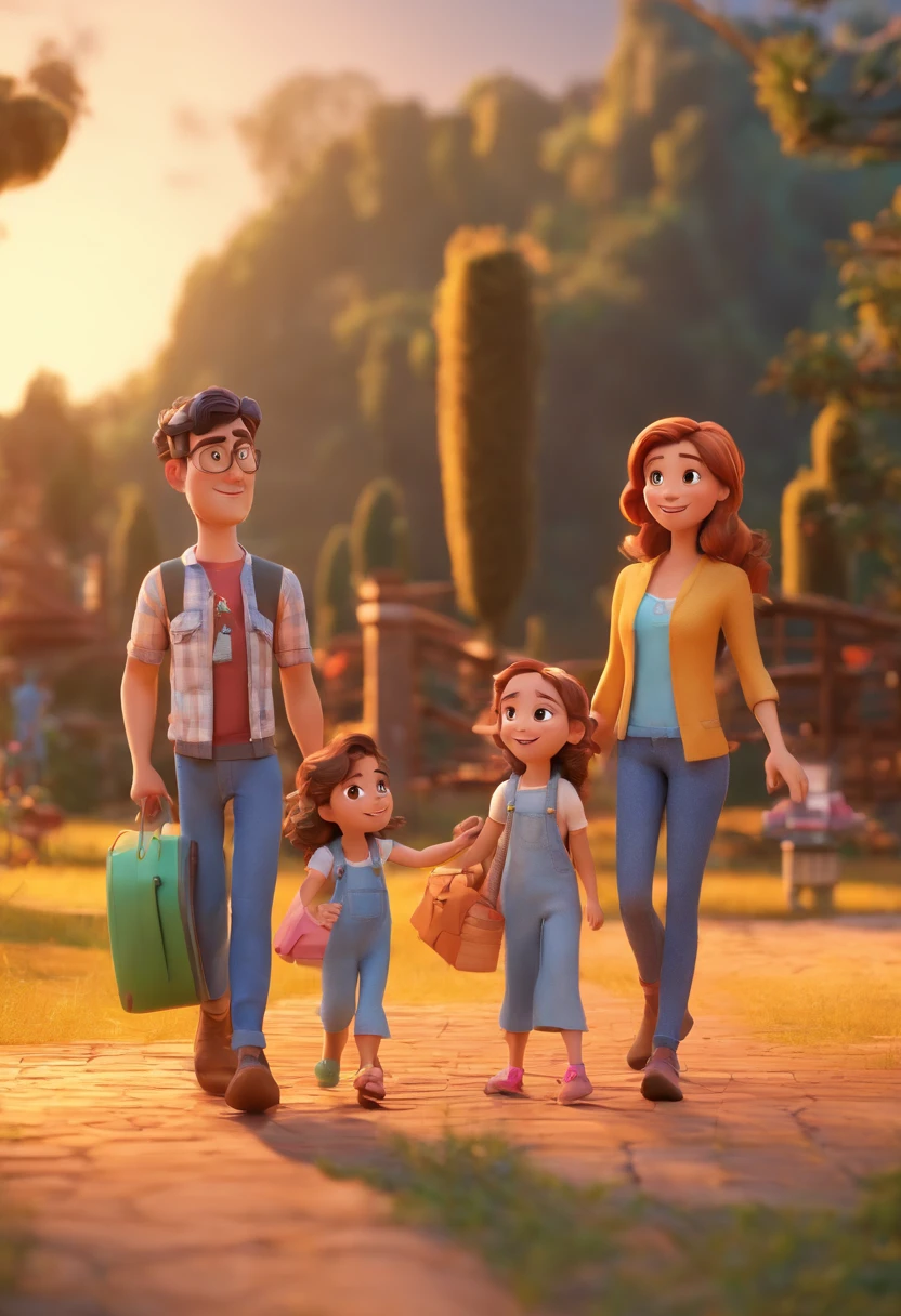 Estilo Pixar: Familia, Um pai, A mother and two girls. Uma menino de 6 anos e outro de 2 anos . Uma fazenda com vacas lindas e marrom .