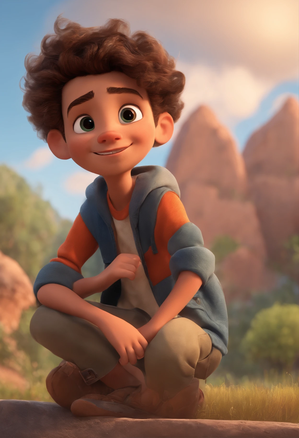 Image of a boy for a story in a YouTube video in Pixar format, He's the little allabester, He's the class leader, He's outgoing, Playful and gets up for a lot of things, cabelo curto