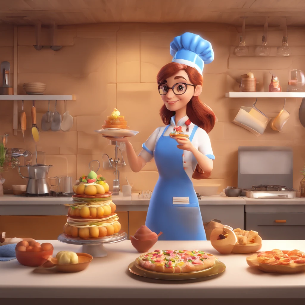 Crie uma cena de desenho animado  estilo 3d -Pixar, Onde uma mulher, de cabelos lisos castanhos com 35 anos de idade, She's cooking dressed as a pastry chef.