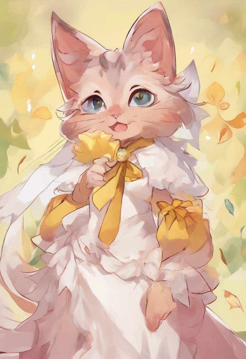 anthropomorphic cat, pelo cinzento, olhos amarelos do gato, There's tears in my ears, camisa branca simples, almofadas de pata cor-de-rosa, Smooth expression, sorriso suave, alto