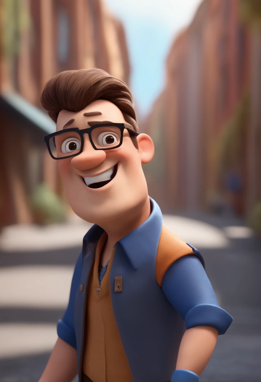 Cartoon character of a man with black glasses and a blue shirt, animation character, Caractere estilizado, animation style rendering, 3D estilizado, Arnold Maya render, 3 d render stylized, toon render keyshot, Personagem 3D, Personagem 3D, 3d rendering stylized, 3 d character render, personagem de desenho animado, Personagem de close up, Pose de personagem,  (Estilo Pixar) (master part:1.2) (Bokeh) (best quality) (pele detalhada) (textura detalhada) (8k) (argila) (Cinematic lighting) (foco nítido
