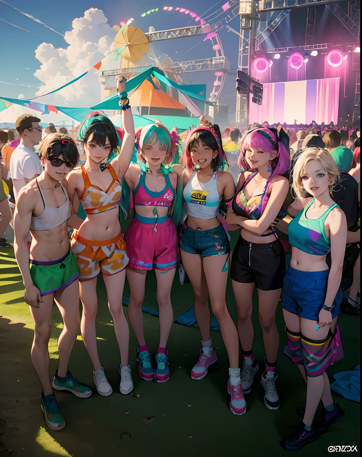 several women in swimsuits posing for a picture at a music festival, rave outfit, festival vibes, bold rave outfit, wild rave outfit, rave party, bra and shorts streetwear, colourful clothing, colourful clothes, cute rave outfit, at a rave, rave inspired, diverse outfits, posing together in bra, at a beach party in ibiza, outdoor rave