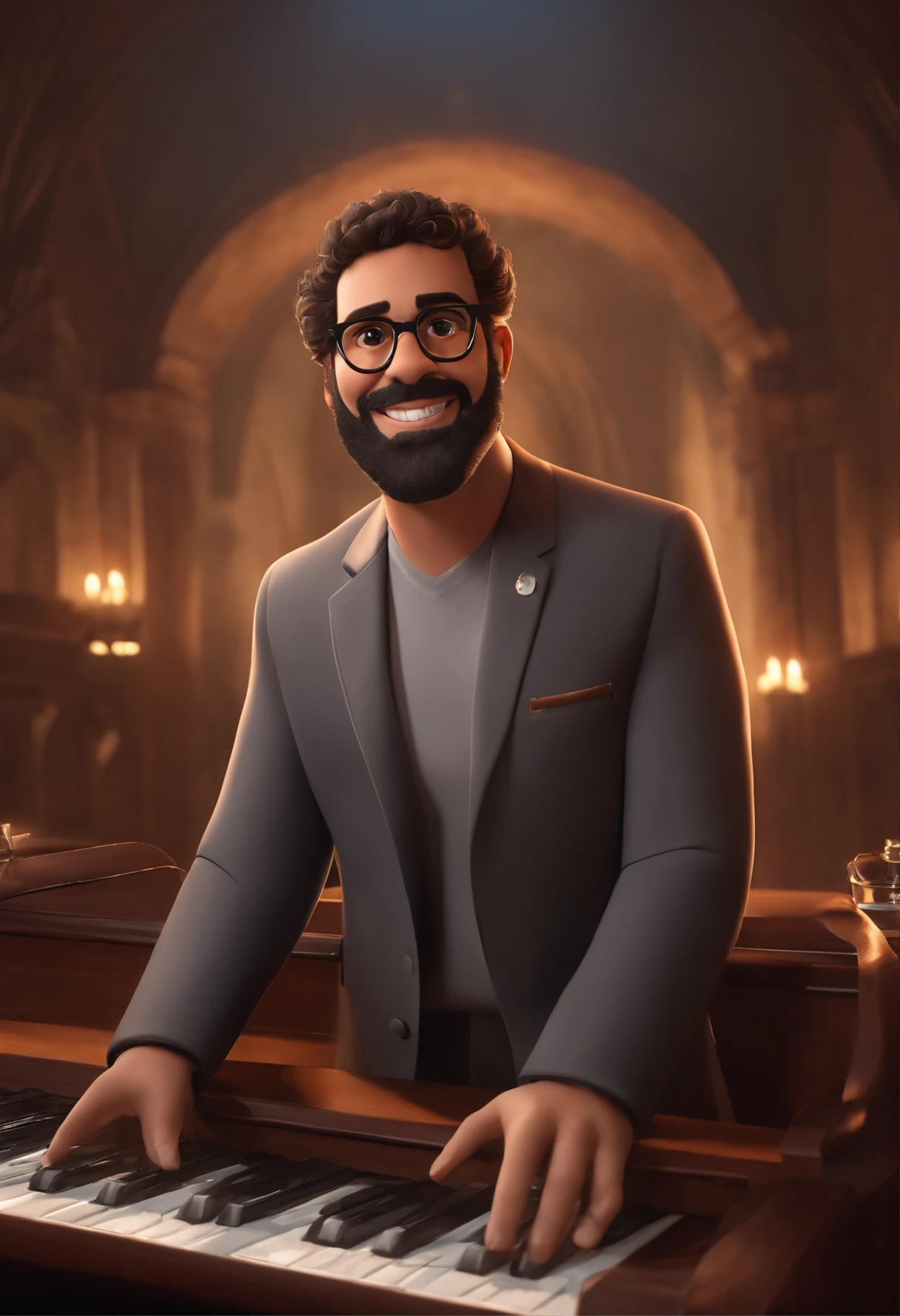 Pixar-inspired 3D poster capturing a scene with a 39-year-old Brazilian man, brown, short hair, curly gradient, oval face and beard, medium eyebrows, wears gray square glasses, usa brincos de cristal camiseta preta com blazer, He's happy playing keyboards in a church with black interior, Colorful lighting and smoke. Com muitas pessoas felizes.