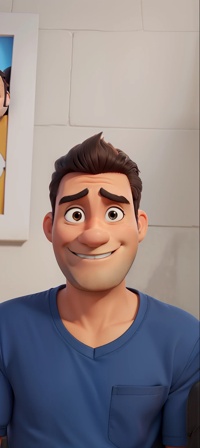 Cartoons in orange shirt and black pants, arms crossed, olhando para frente e sorrindo com os dentes aparecendo;
