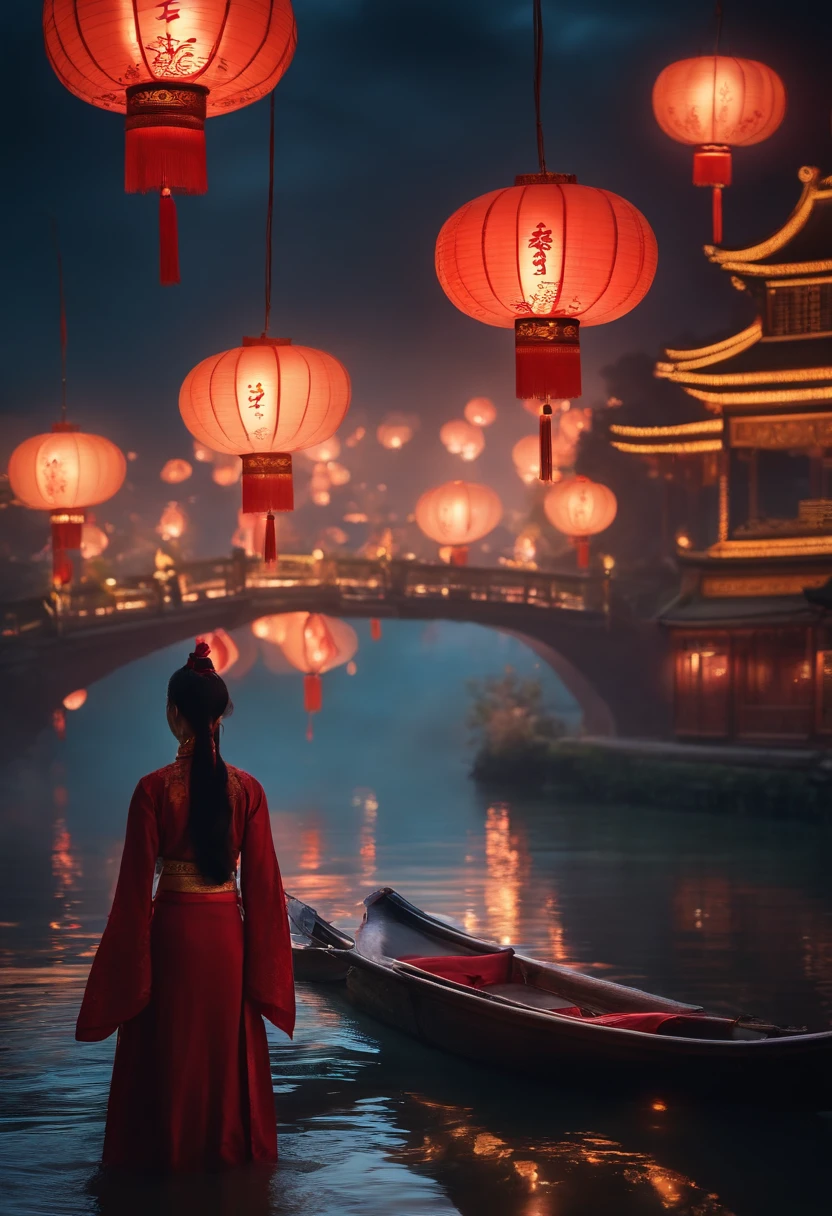 Masterpiece, otherworldly beauty, Surreal, Chinese Ghost Festival,Middle Metaverse,At dawn by the river,(Many glowing lotus lanterns float on the surface of the river:1.5),In the distance, Girl on the river bank with her back to the camera,had his hands folded,Worship the souls of the dead, The mysterious aura of ghosts, Epic panorama,8K high resolution,Sharp focus, illustration, 64k, Ultra detailed, ultra-precise detail, bokeh lighting, Intricate,