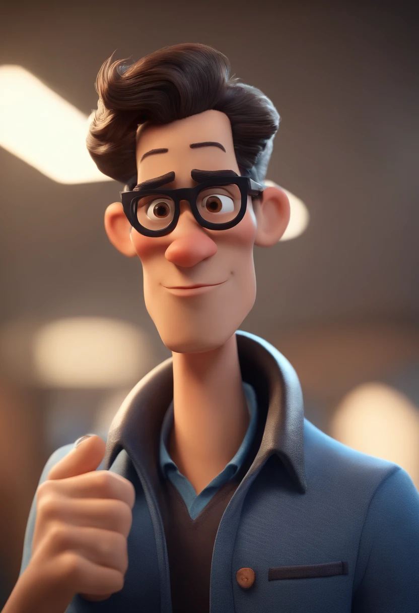 Cartoon character of a man with black glasses, cabelo cacheado marrom escuro e uma camisa azul, animation character, Caractere estilizado, animation style rendering, 3D estilizado, Arnold Maya render, 3 d render stylized, toon render keyshot, Personagem 3D, Personagem 3D, 3d rendering stylized, 3 d character render, personagem de desenho animado, Personagem de close up, Pose de personagem, (Estilo Pixar) (master part:1.2) (Bokeh) (best quality) (pele detalhada) (textura detalhada) (8k) (argila) (Cinematic lighting) (foco nítido