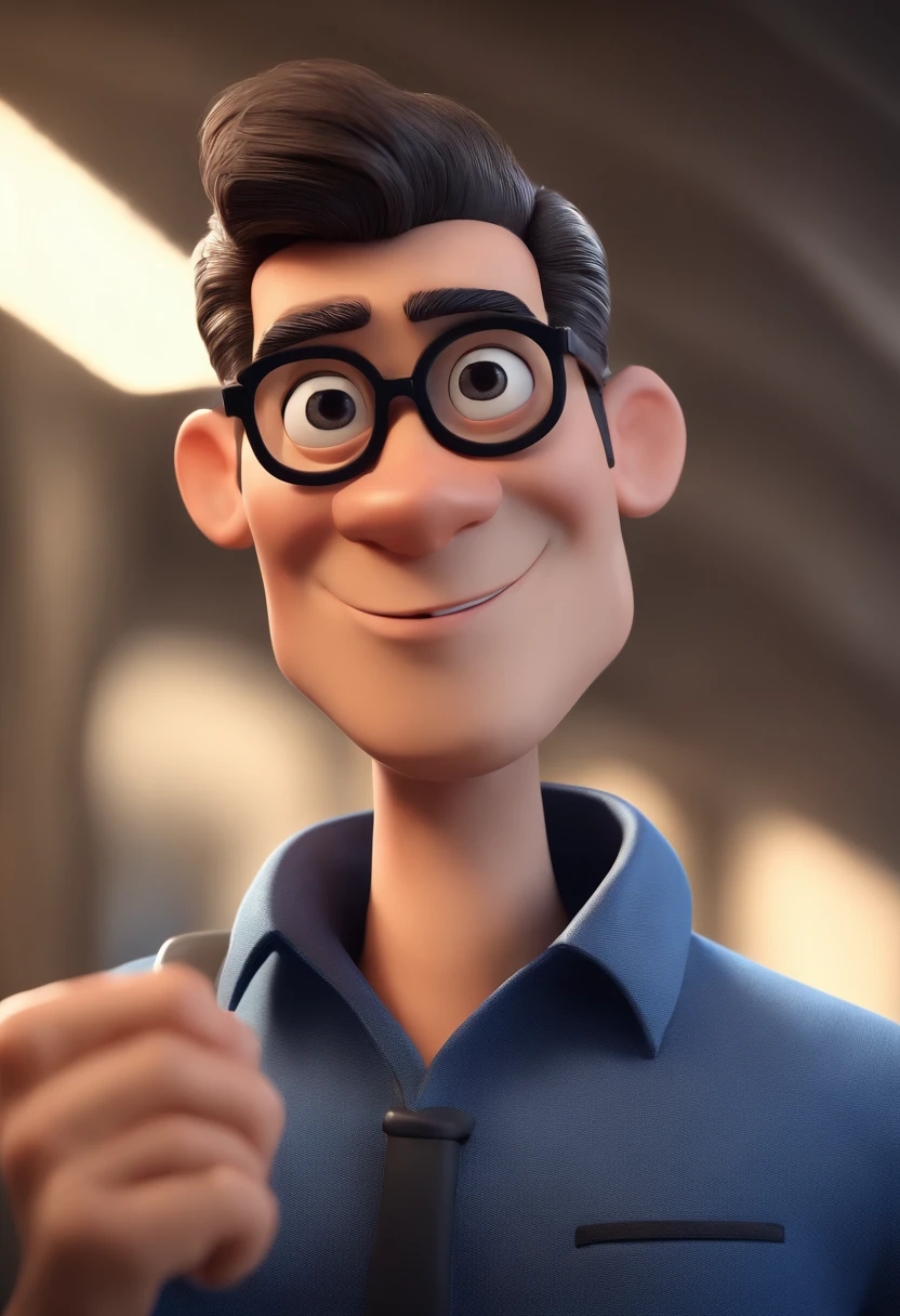 Cartoon character of a man with black glasses and a blue shirt, animation character, Caractere estilizado, animation style rendering, 3D estilizado, Arnold Maya render, 3 d render stylized, toon render keyshot, Personagem 3D, Personagem 3D, 3d rendering stylized, 3 d character render, personagem de desenho animado, Personagem de close up, Pose de personagem,  (Estilo Pixar) (master part:1.2) (Bokeh) (best quality) (pele detalhada) (textura detalhada) (8k) (argila) (Cinematic lighting) (foco nítido
