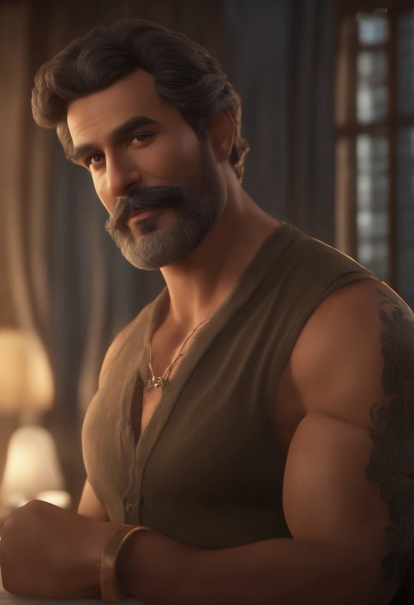 personagem dos desenhos animados de um homem com de 55 anos com cabelos grisalhos, Small beard and mustache starting to grow, trabalhando no computador fazendo anuncios, pele branca, forte, but not too skinny, fisionomia normal, animation character