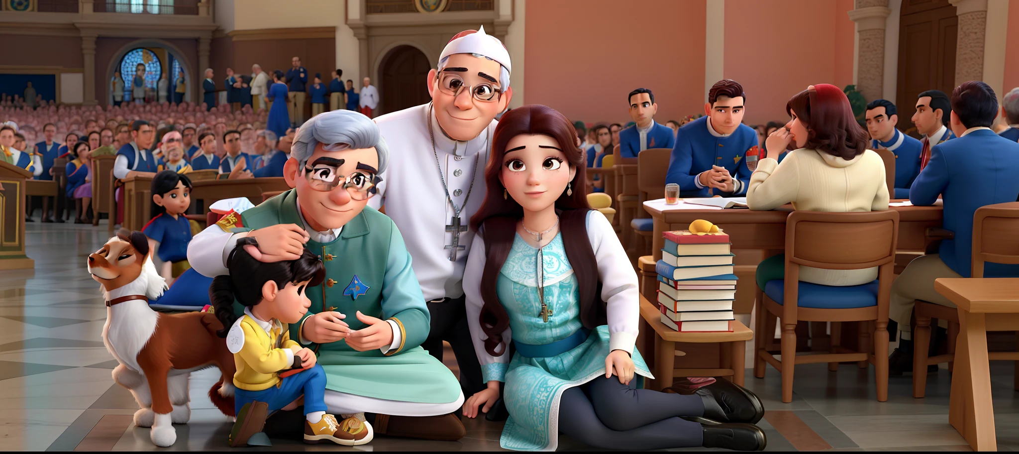 Casal (homem moreno e mulher branca) no estilo Disney Pixar, alta qualidade, melhor qualidade, na frente do Vaticano, tendo ao lado, Pope Francis praying for us.