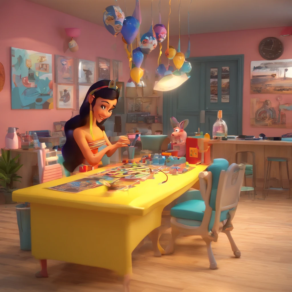 create a 3D movie poster inspired by Disney Pixar, The scene should be in Pixar's signature digital art style, com uma imagem caricatural que lembra a cantora brasileira "Anita" in the prone position, Wearing a bikini while a tattoo artist is sitting tattooing with a giant ring on one hand, inside a tattoo parlor.