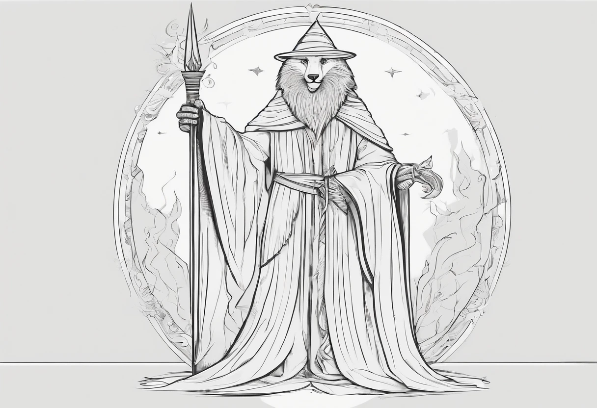 Humanoid wolf wizard figure of pé, holding a scepter in one hand and casting a spell with the other