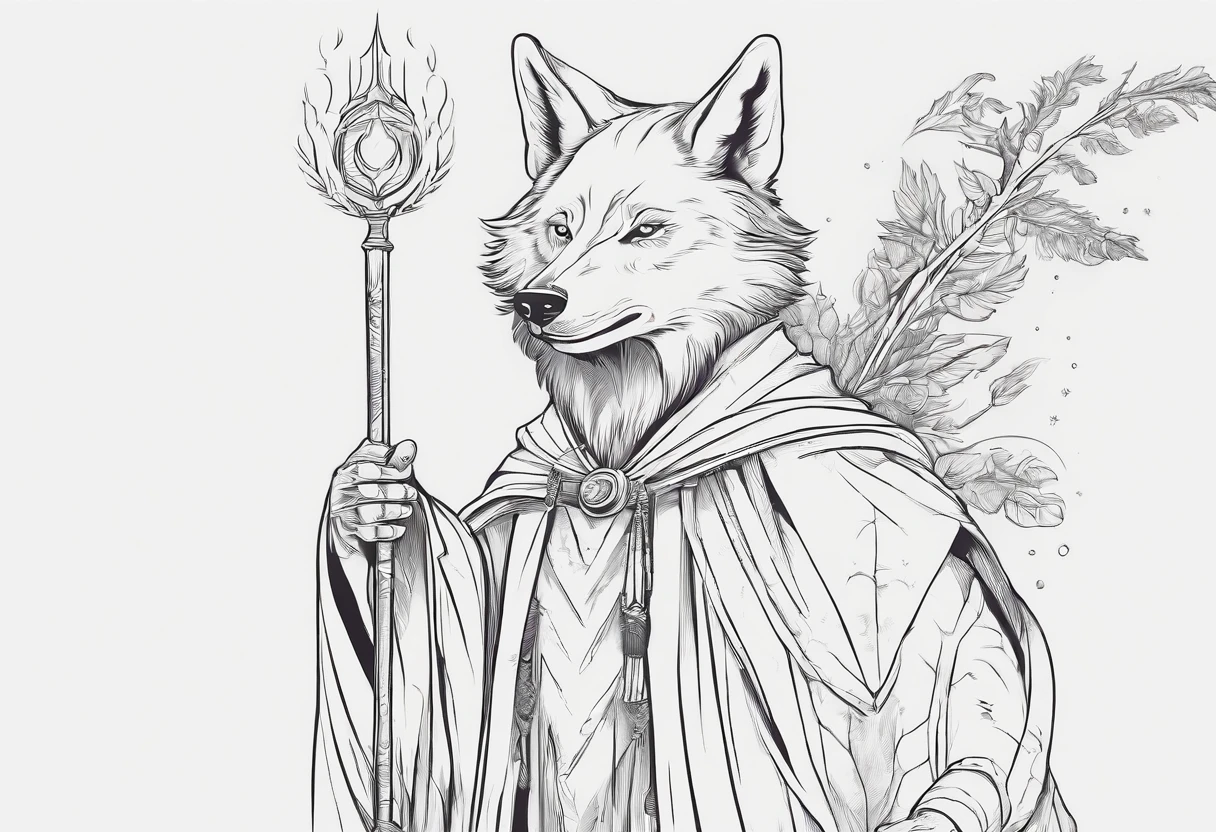Humanoid wolf wizard figure of pé, holding a scepter in one hand and casting a spell with the other