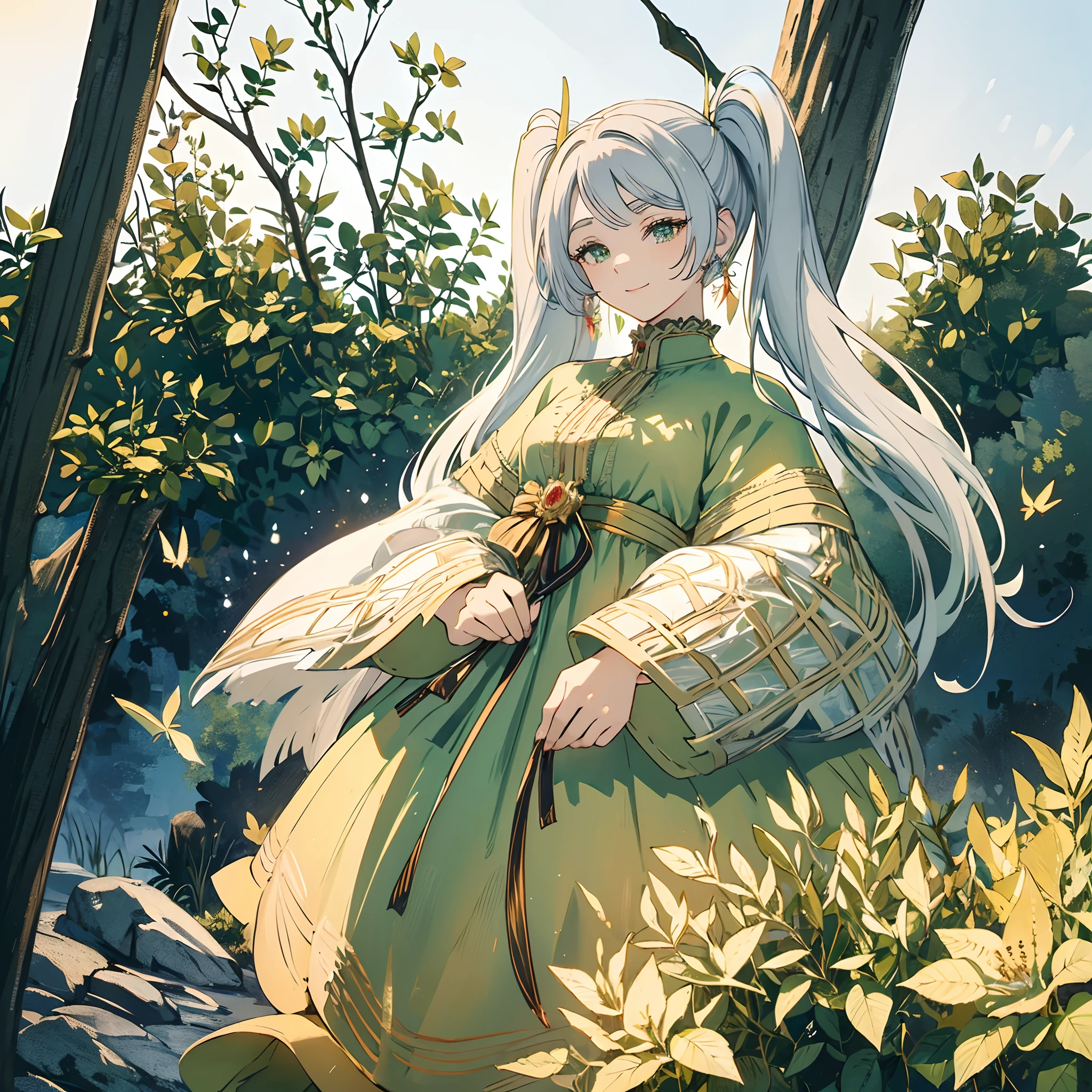 ((Masterpiece)), (best quality), green dress, (1girl), butterfly hairpin, pleated lace, Edwardian lace dress, ((red dress)), green eyes, white hair, twintails, smile, night sky