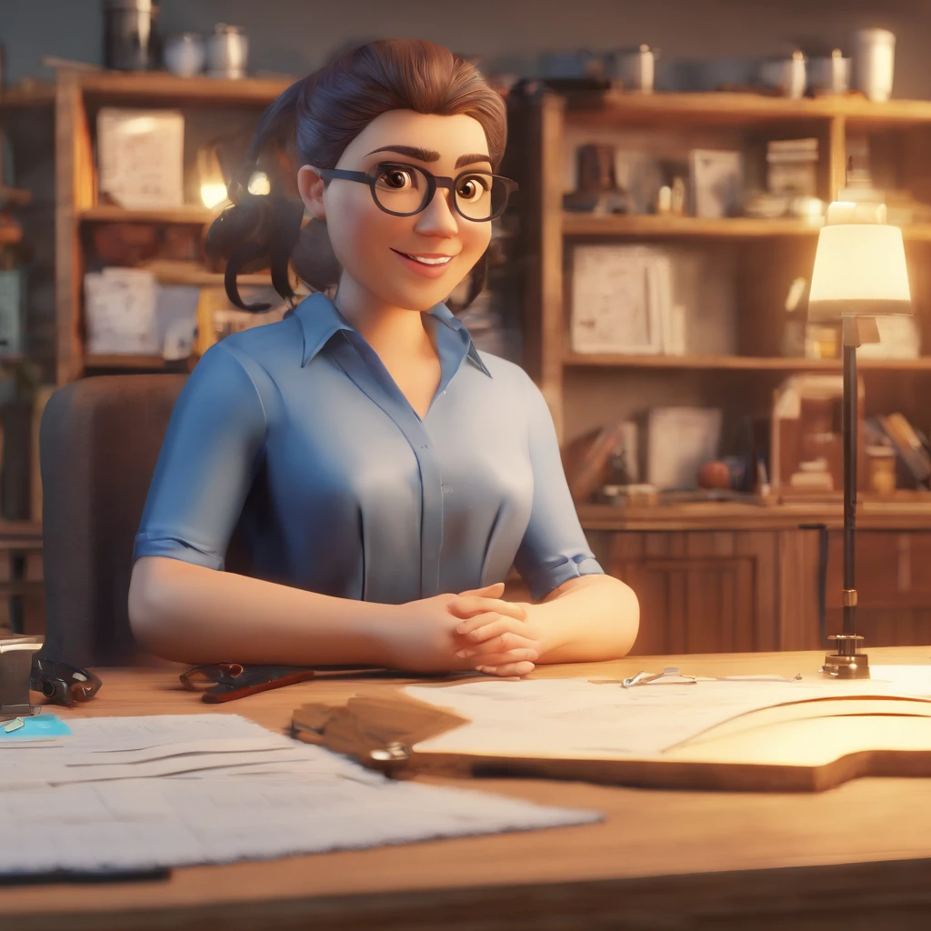 Create a 3d movie poster , The setting is a gift shop with a table, canecas, computador, maquina de recorte, encadernadora, impressoras, papers, tesouras, tintas. The main character is a white-skinned woman, de meia-idade de cinquenta um anos e cabelos grisalhos lisos e de comprimento longo, olhos castanhos, vestindo camiseta branca, Jeans and brown glasses.